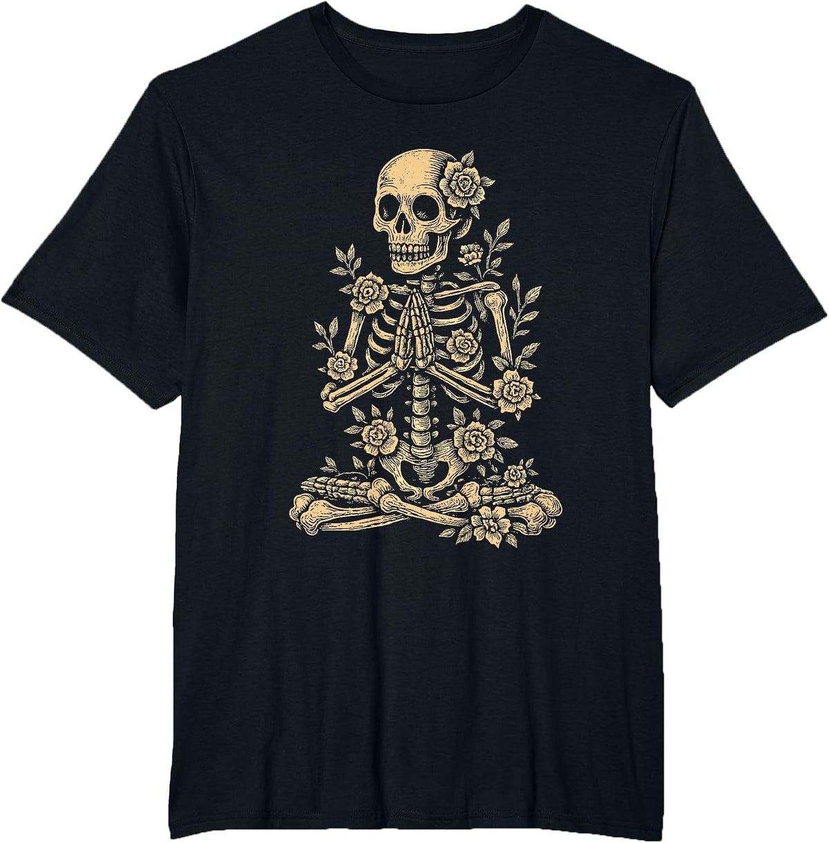 Halloween Yoga Skeleton Meditating Floral T-Shirt - Black