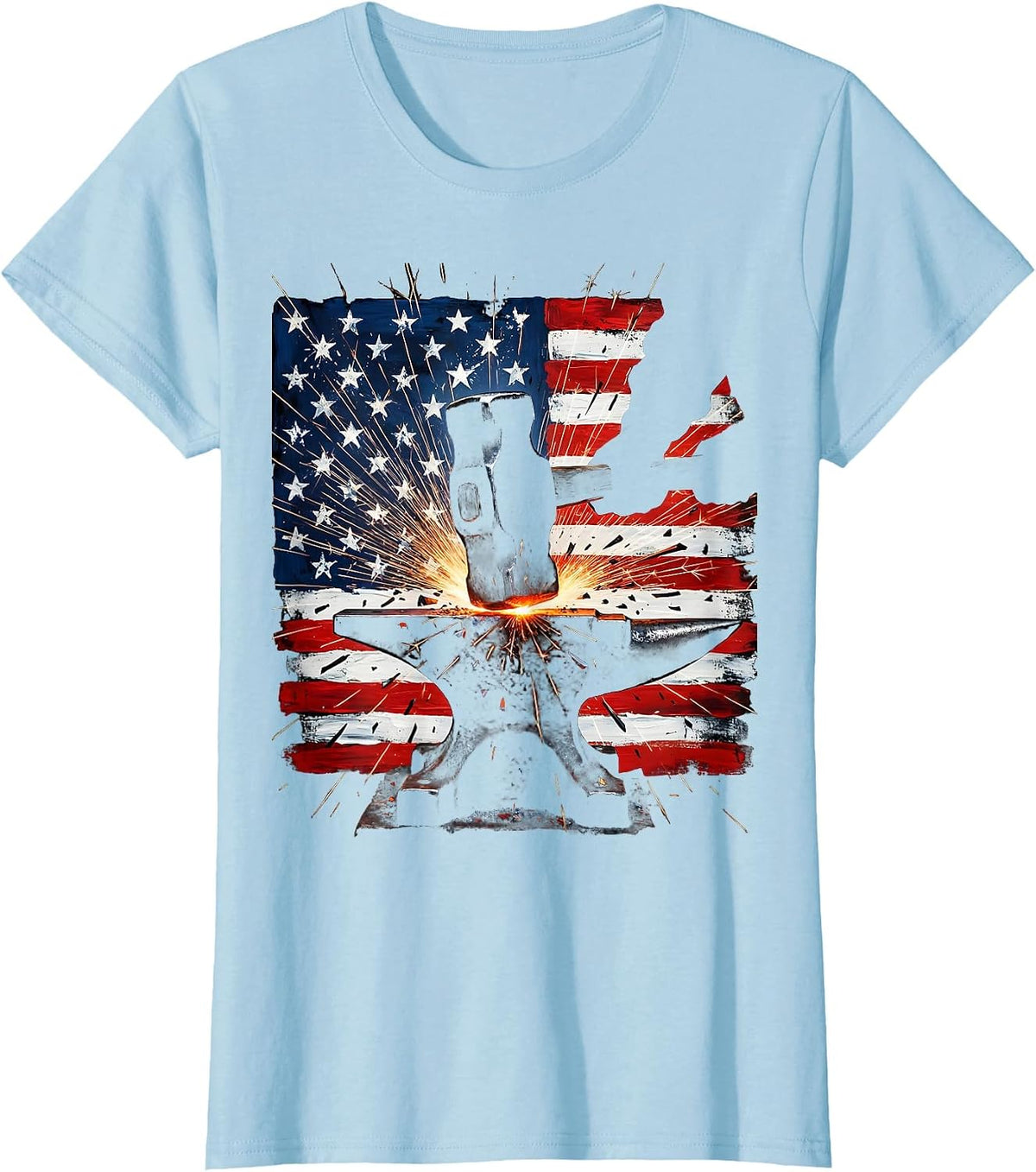 Patriotic Blacksmith Hammer and Anvil Sparks T-Shirt - Baby Blue