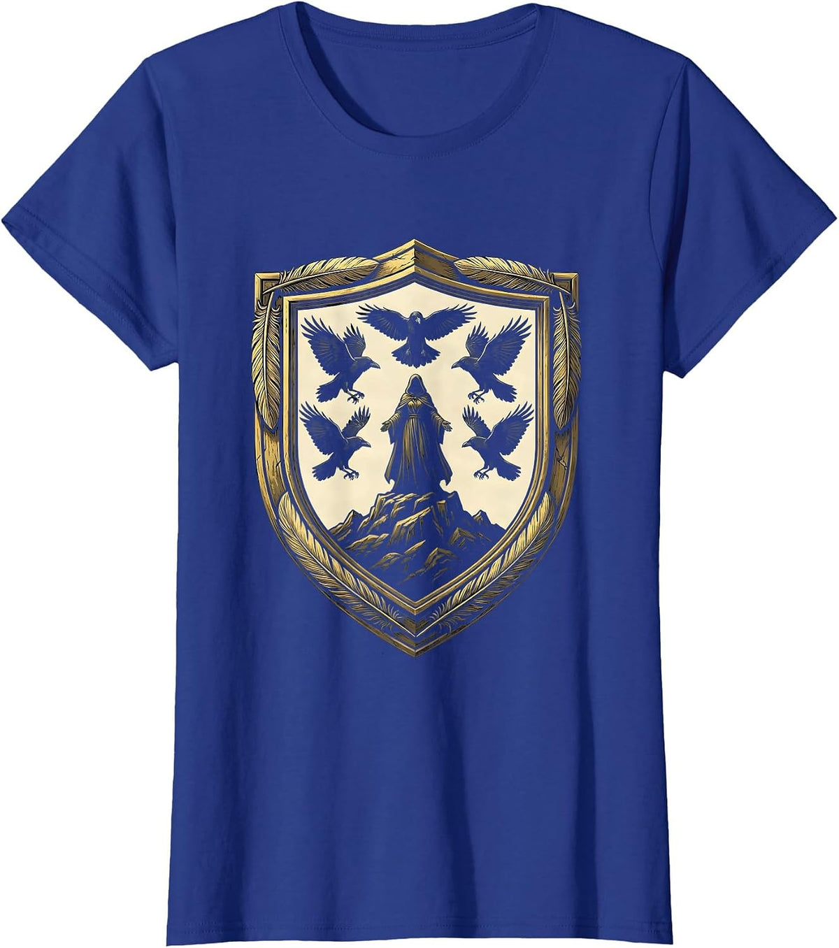 Women's Crows Circling Lone Figure on Hilltop Design T-Shirt - Royal Blue