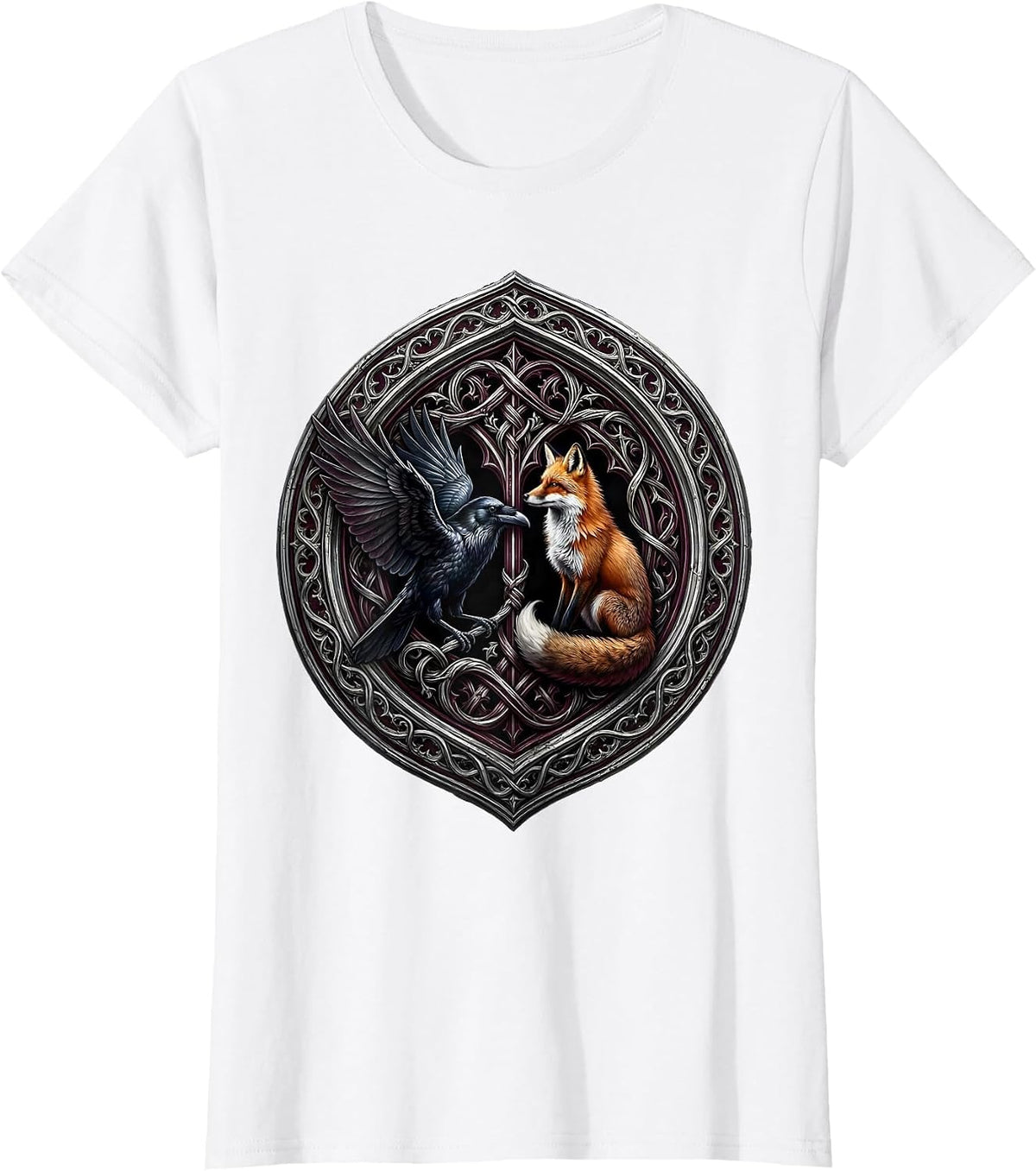 Crow and Fox Face Off Wildlife Art Design T-Shirt - White