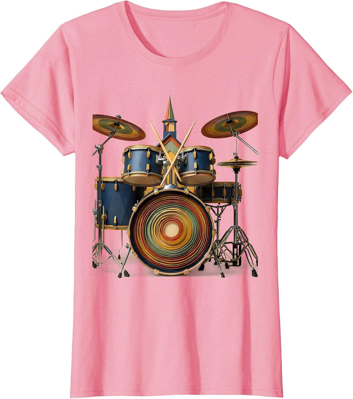 Women's Compact Drum Kit Church Worship Musician Faith Statement T-Shirt - Pink