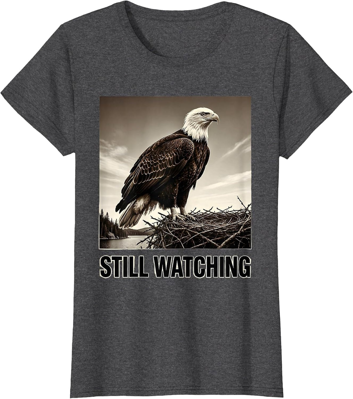 Women's Still Watching Monochromatic Bald Eagle Memorial Big Bear T-Shirt - Dark Heather Grey