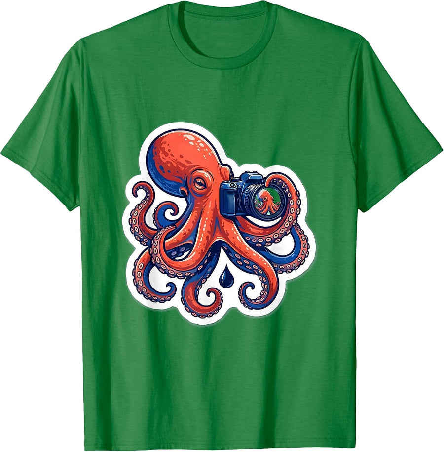 Men's Octopus Photographer Sticker Style Marine Biology Humor T-Shirt - Kelly Green