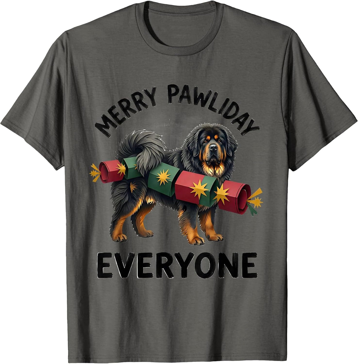 Men's Merry Pawliday, Everyone Funny Tibetan Mastiff Christmas Dog T-Shirt - Asphalt Grey