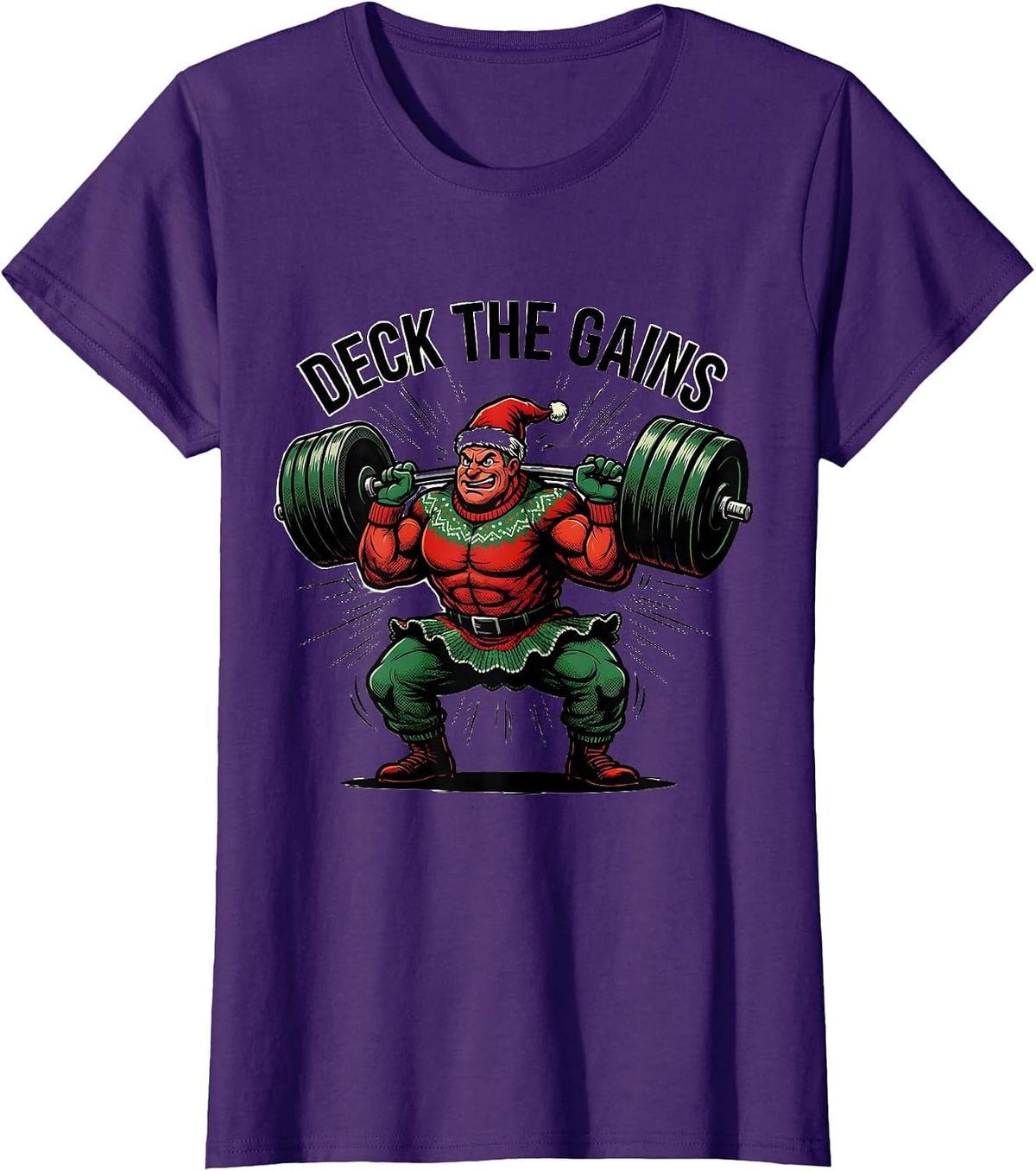 Women's Deck The Gains Funny Comic Book Christmas Gym Weightlifting T-Shirt - Purple