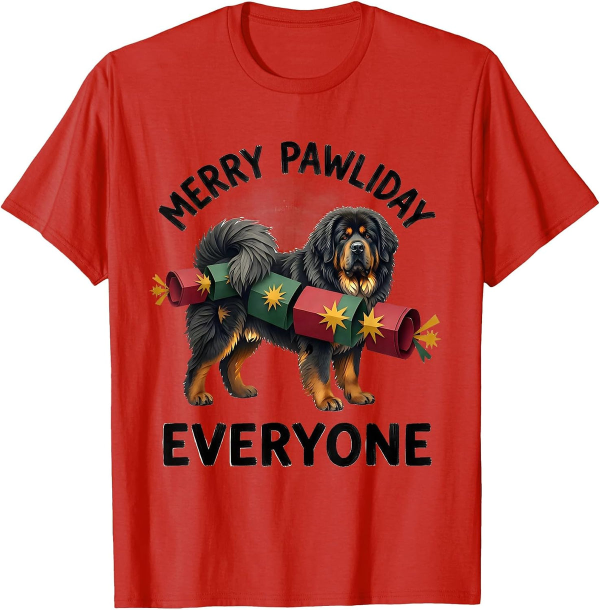 Men's Merry Pawliday, Everyone Funny Tibetan Mastiff Christmas Dog T-Shirt - Red