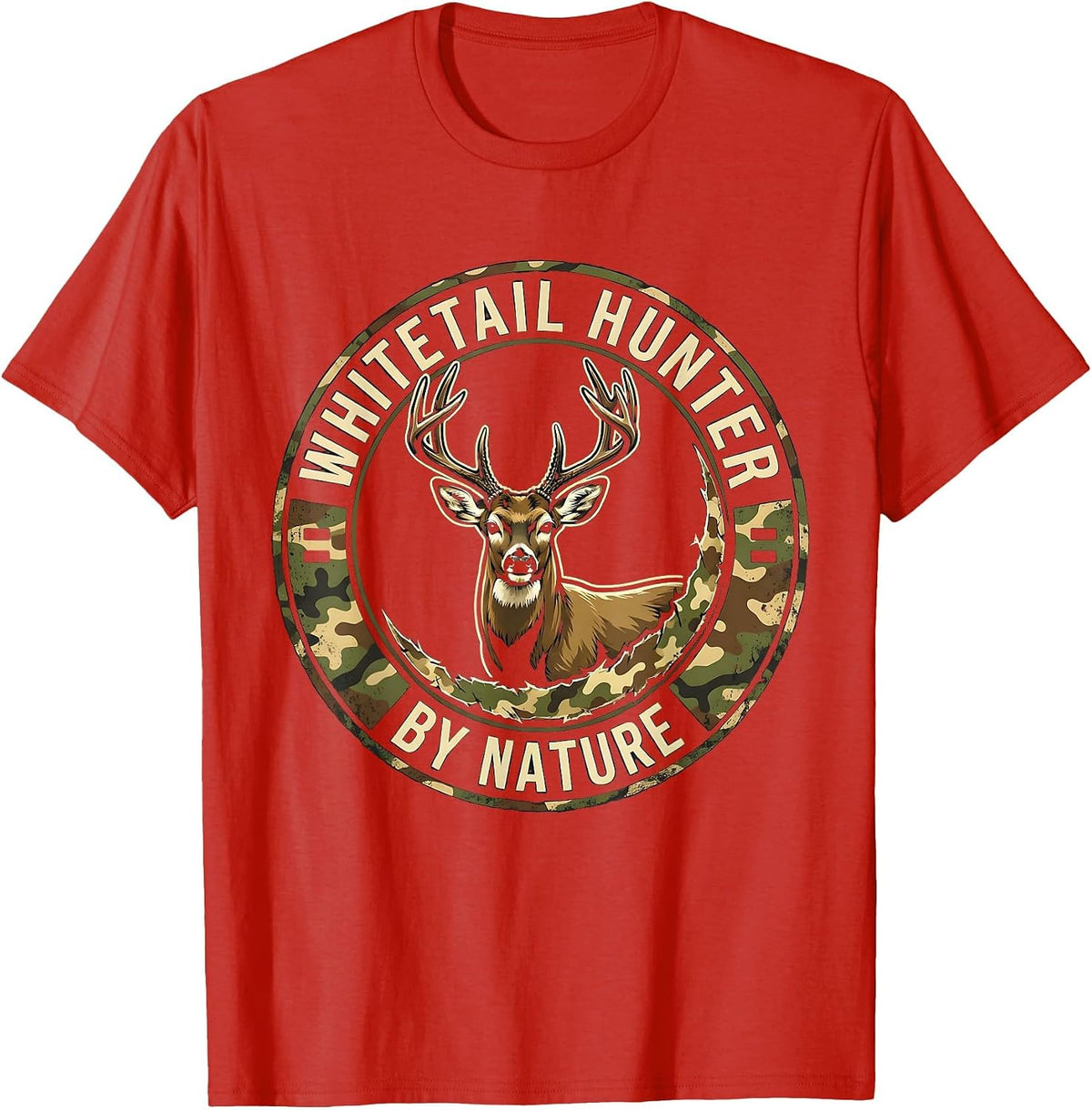 Men's Whitetail Hunter By Nature Distressed Camo Dad Humor T-Shirt - Red