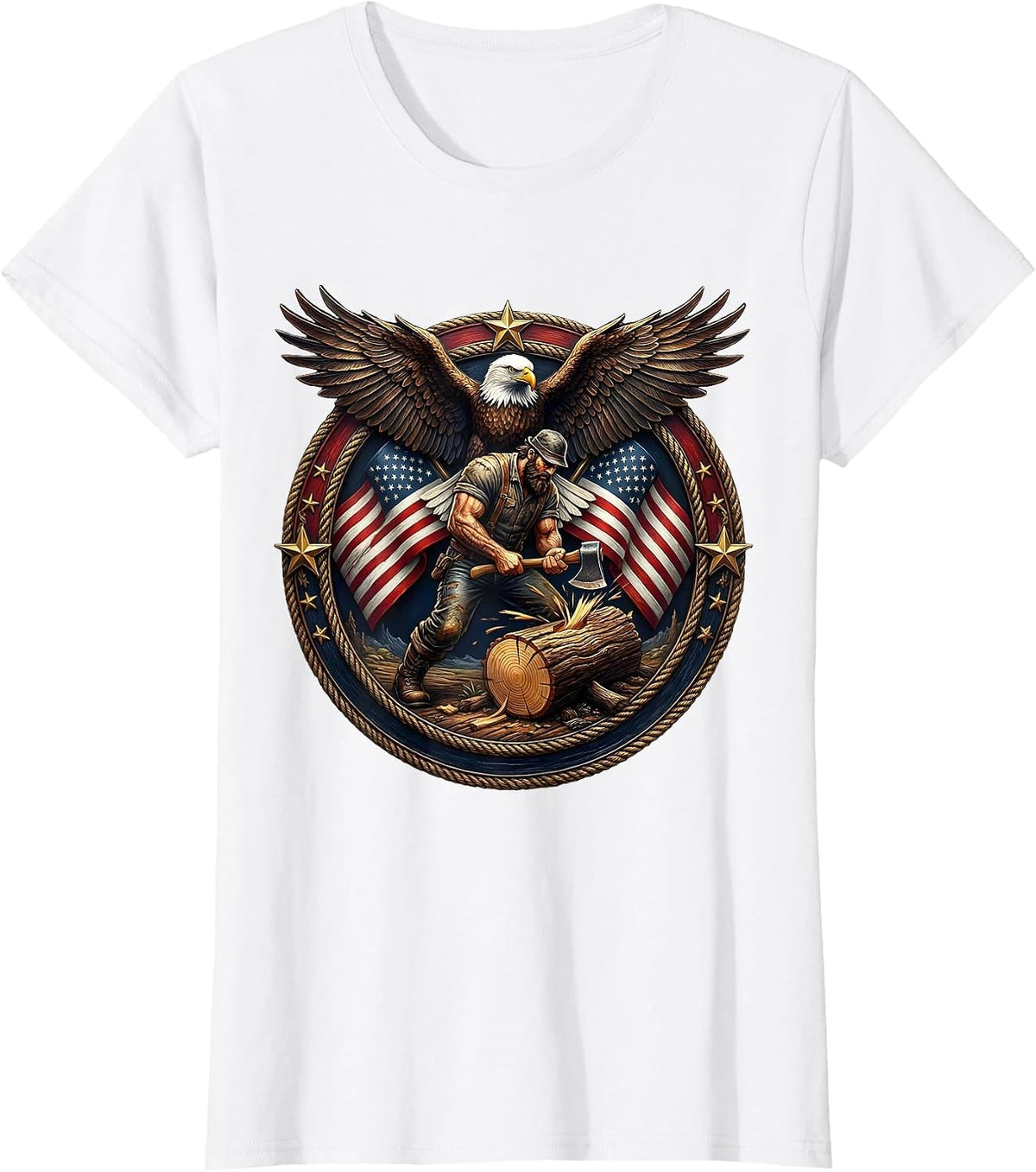 Women's American Flag Lumberjack Chopping Wood Graphic T-Shirt - White