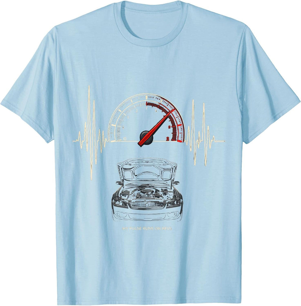 Men's My Pulse Runs On Revs Funny Car Guy Auto Mechanic Humor T-Shirt - Baby Blue