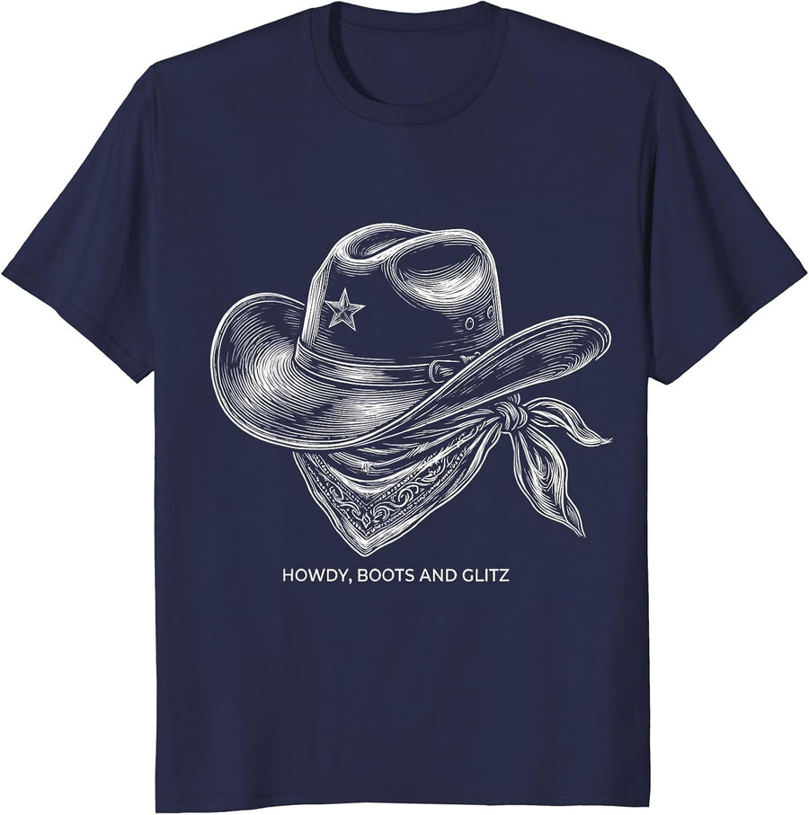 Howdy Boots and Glitz Funny Cowgirl Western Lifestyle T-Shirt - Navy Blue