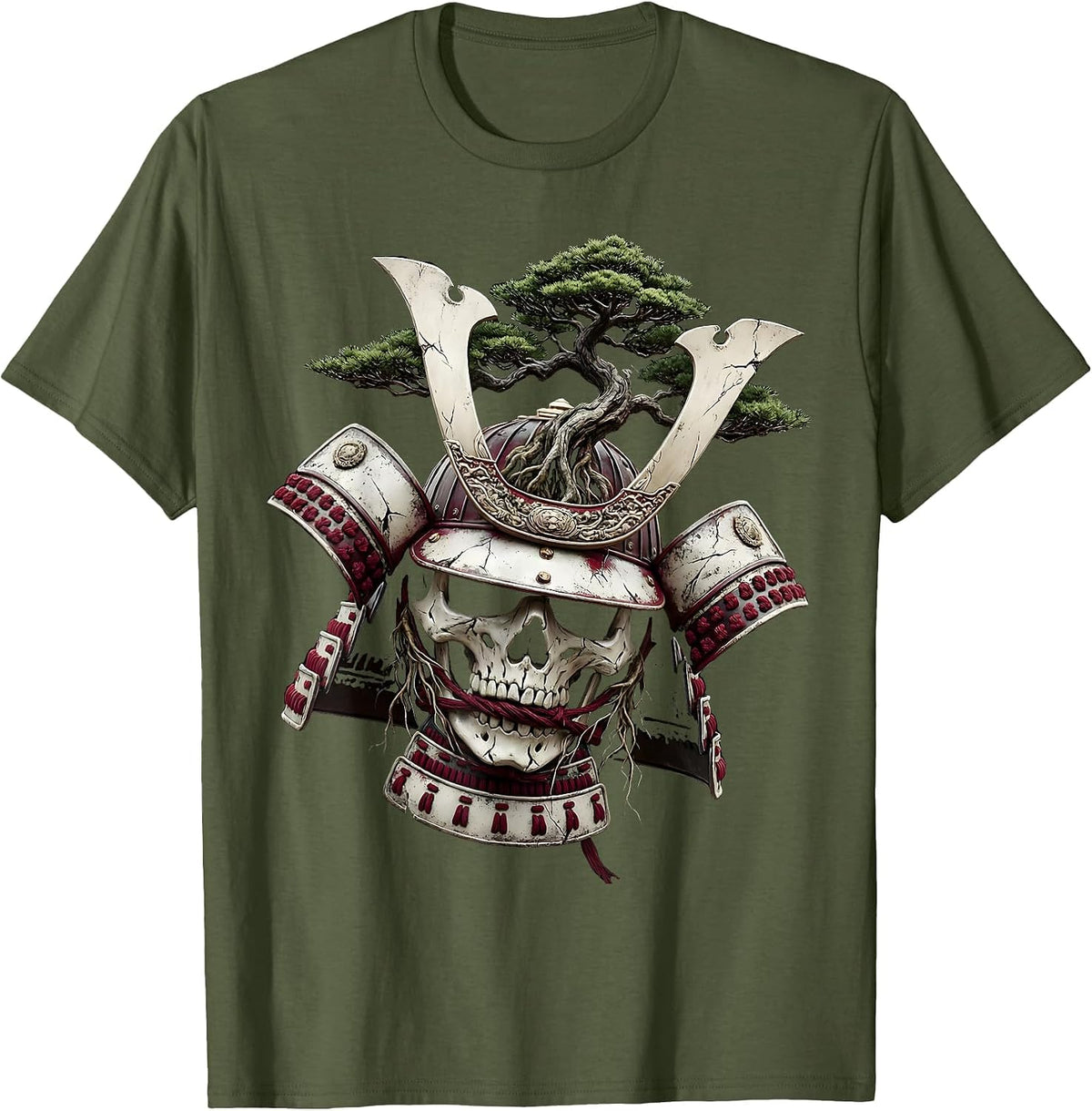 Bonsai Warrior Helmet Japanese Art Design T-Shirt - Olive Green