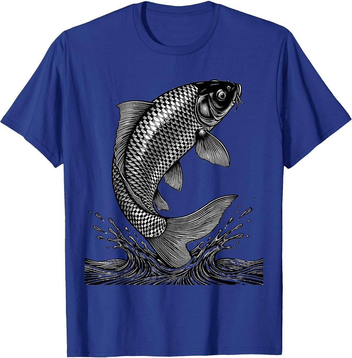 Black and White Checkered Koi Fish Leap T-Shirt - Royal Blue