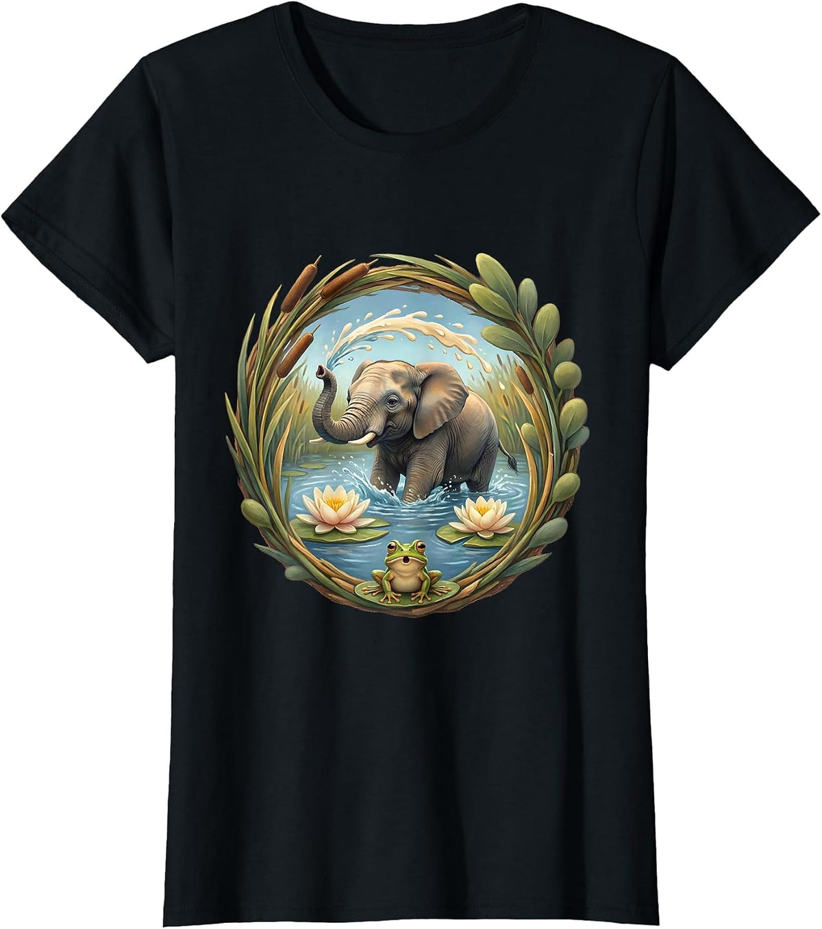 Baby Elephant Splashing in Watering Hole T-Shirt - Black