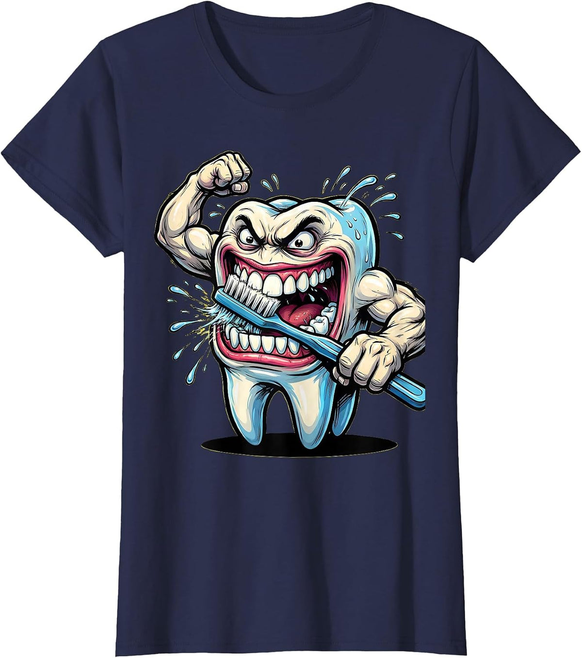 Women's Funny Tooth Brushing Its Own Teeth Graphic T-Shirt - Navy Blue