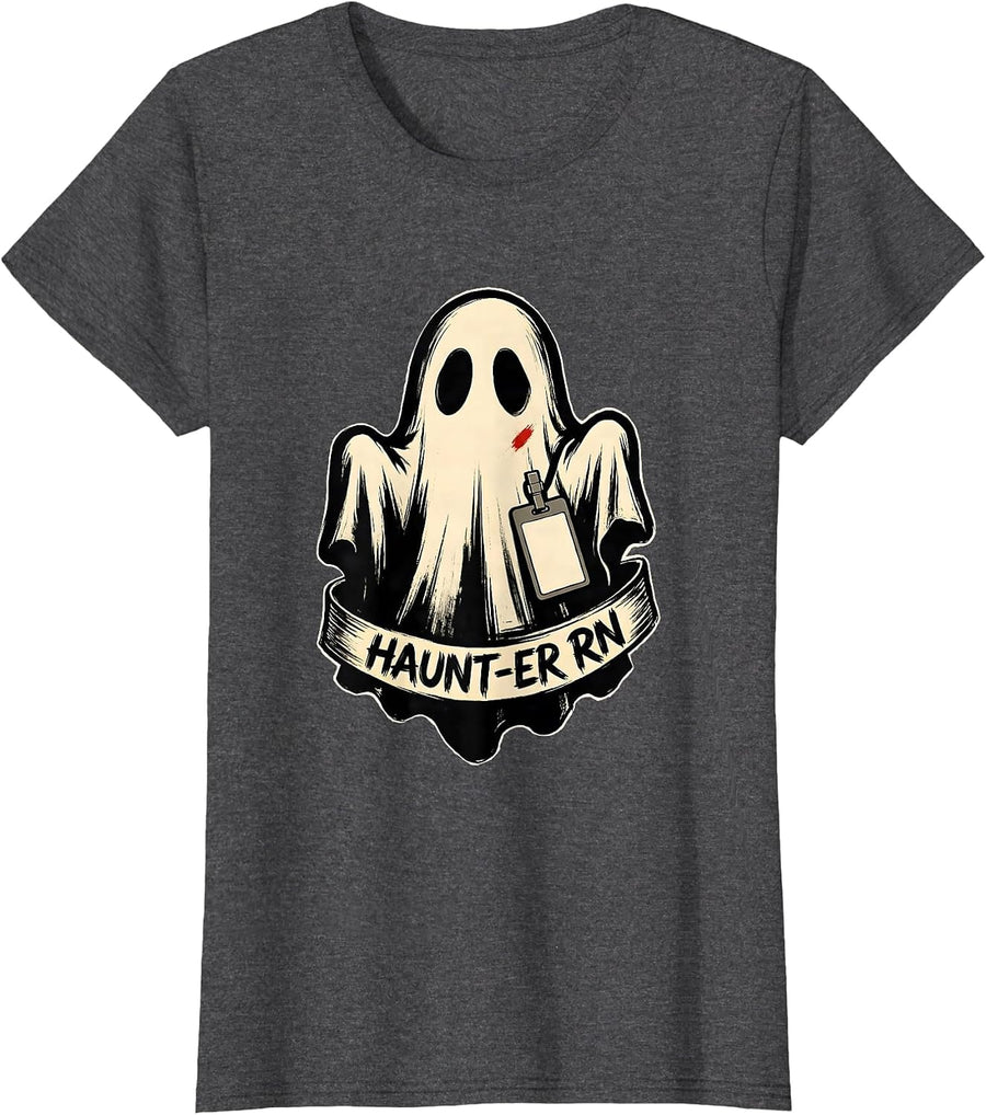 Women's Haunt-ER RN Funny Halloween Nurse ER Medical Humor T-Shirt - Dark Heather Grey