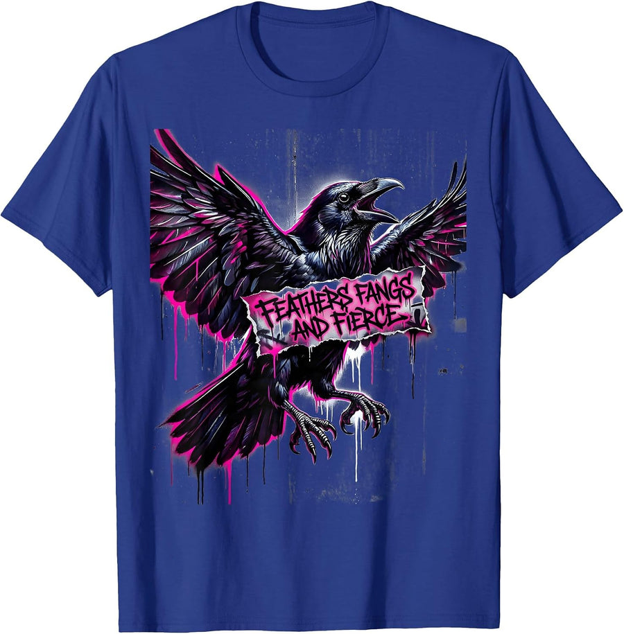 Feathers Fangs and Fierce Crow Design T-Shirt - Royal Blue