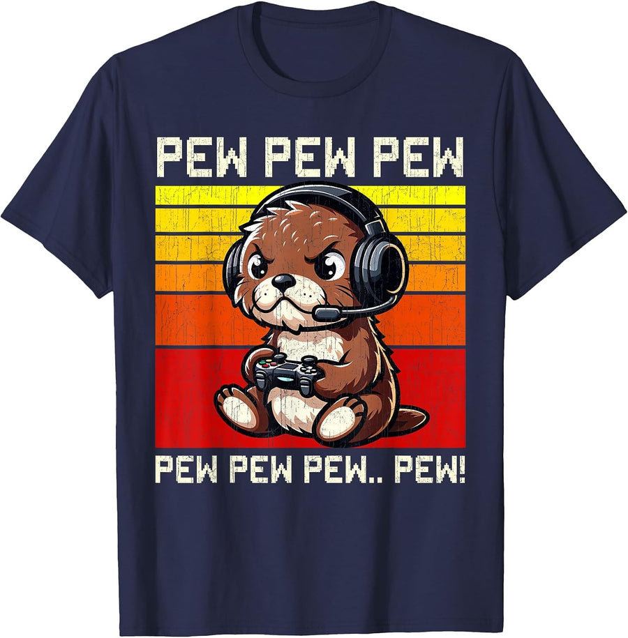 Otter Gamer Pew Funny Video Games Vintage Boys Men Girls T-Shirt - Navy Blue