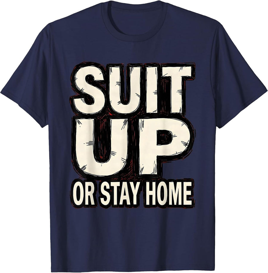 Suit Up or Stay Home Tuxedo Graphic Design T-Shirt - Navy Blue
