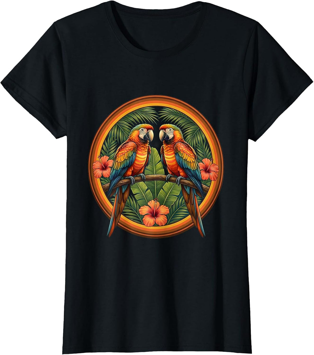 Women's Tropical Parrot Aloha Print Hawaiian Design T-Shirt - Black