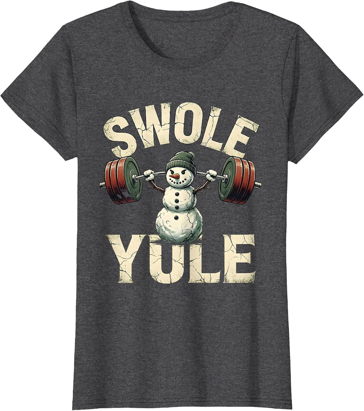 Women's Swole Yule Distressed Funny Christmas Weightlifting Gym T-Shirt - Dark Heather Grey