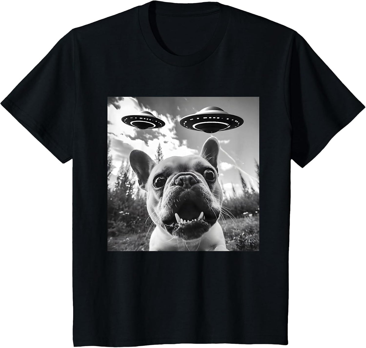 Funny French Bulldog Selfie with UFO Men Graphic T-Shirt - Black