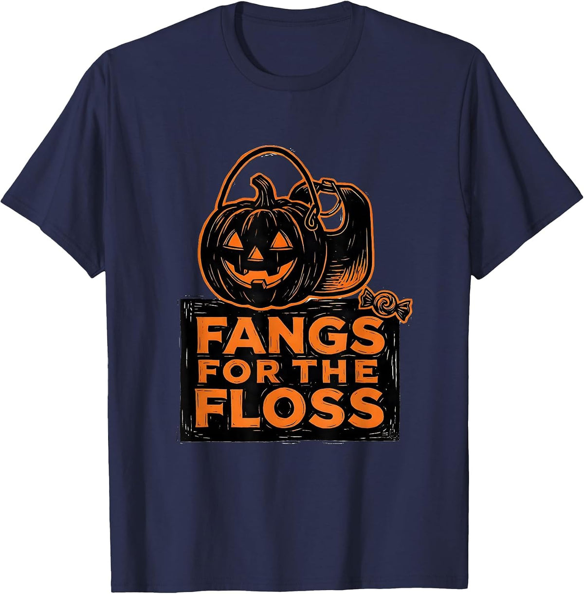 Fangs For The Floss Funny Dental Hygienist Halloween Pun T-Shirt - Navy Blue