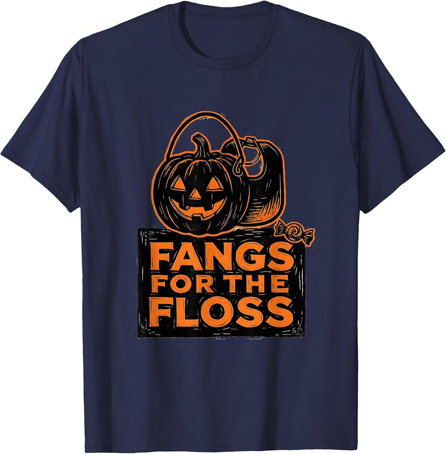 Fangs For The Floss Funny Dental Hygienist Halloween Pun T-Shirt - Navy Blue