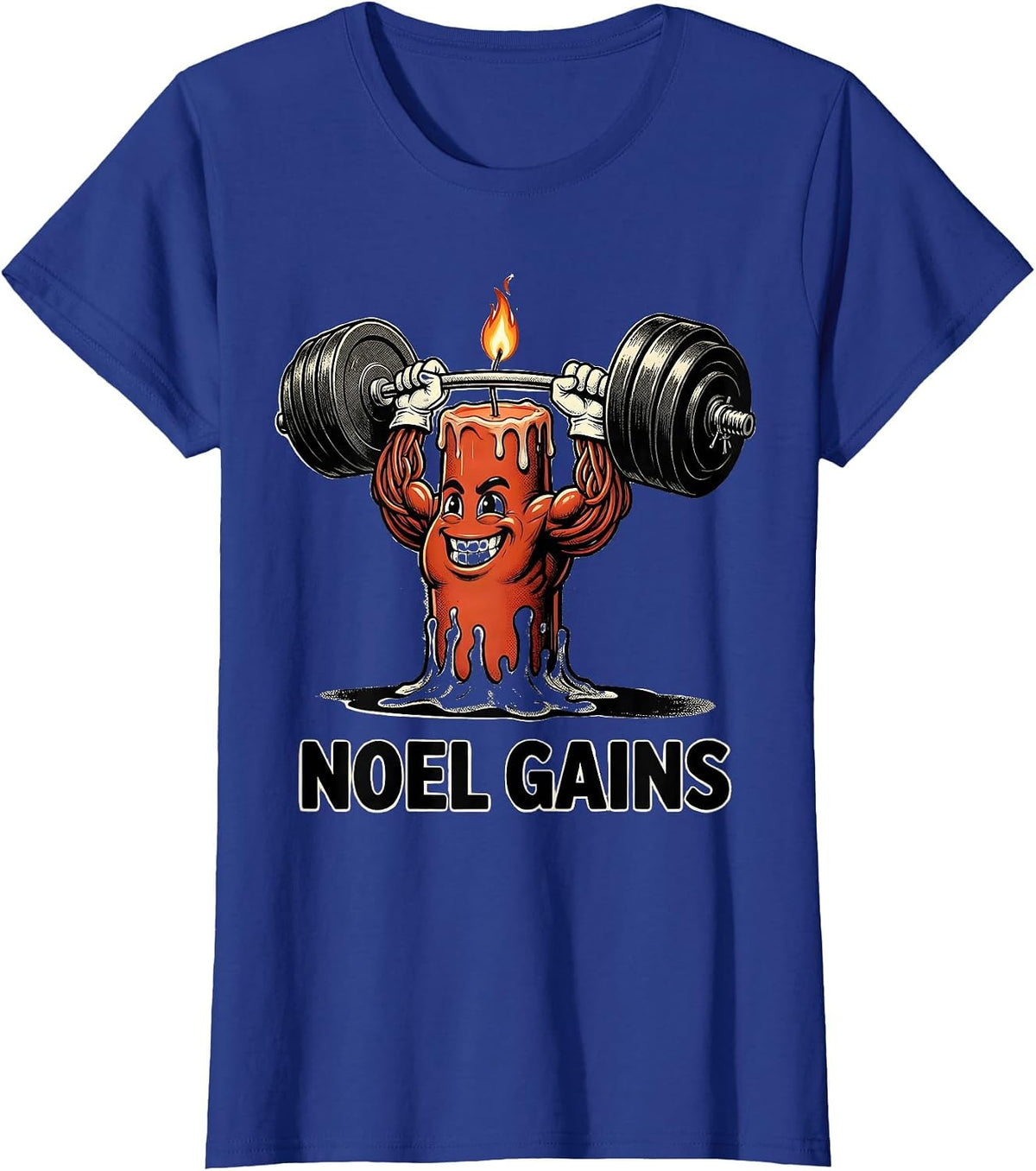Women's Noel Gains Retro Cartoon Funny Christmas Gym Weightlifting T-Shirt - Royal Blue