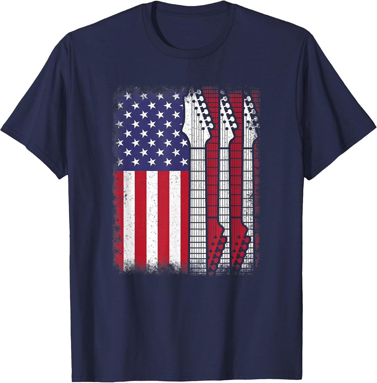 American Flag Electric Guitar Bass Guitarist Rock Music Men T-Shirt - Navy Blue
