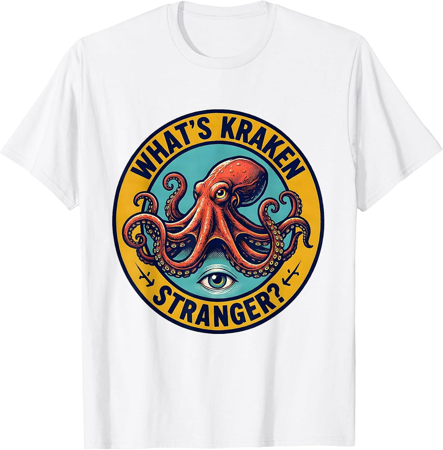Men's What's Kraken, Stranger? Vintage Octopus Lover Sea Creature T-Shirt - White