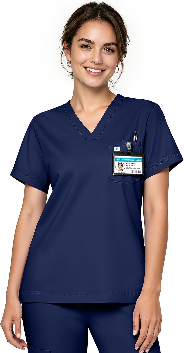 Scrub Tops for Women, Stretch V-Neck Scrub Tops - Navy Blue