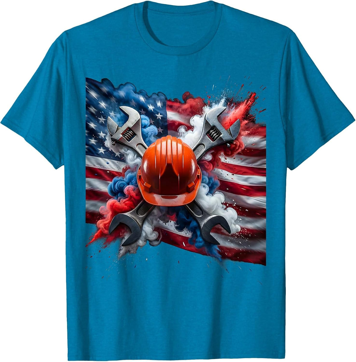 Hard Hat Crossed Wrenches American Flag Graphic T-Shirt - Sapphire Blue