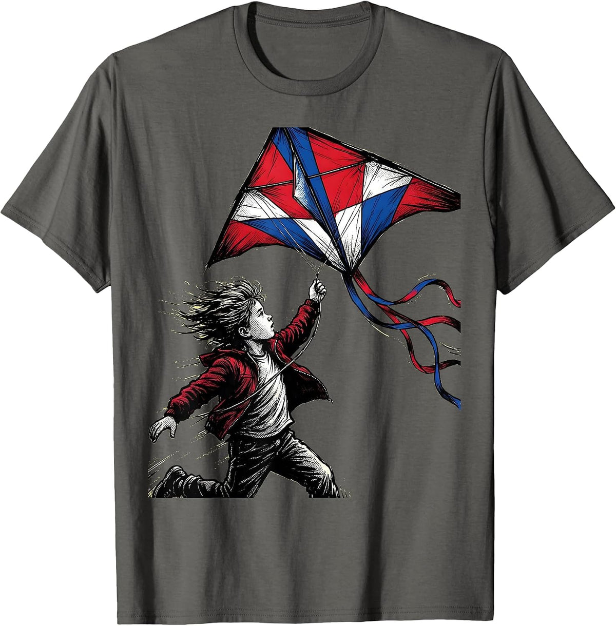 Red White and Blue Kite Launch Graphic T-Shirt - Asphalt Grey
