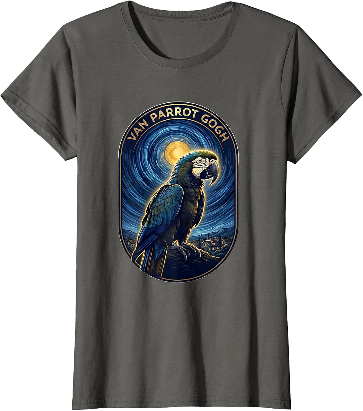 Women's Van Parrot Gogh Whimsical Art Meme Parrot Lover Gift T-Shirt - Asphalt Grey