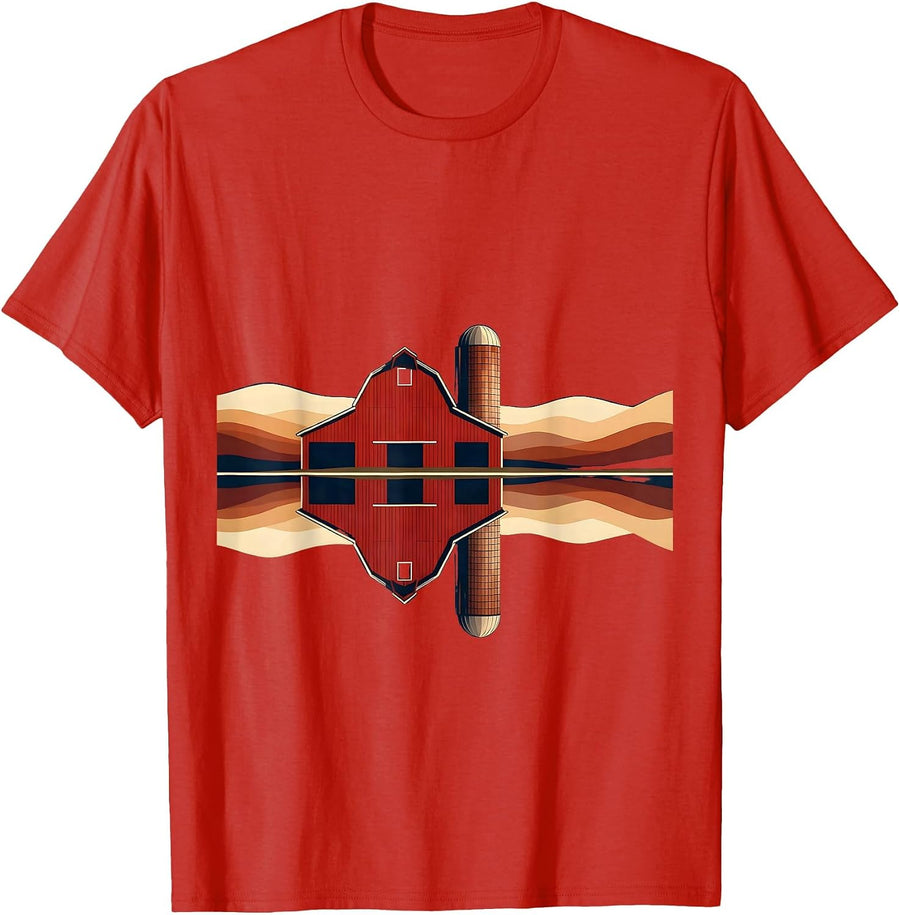 Men's Red Barn Reflected in Still Pond Illustration T-Shirt - Red
