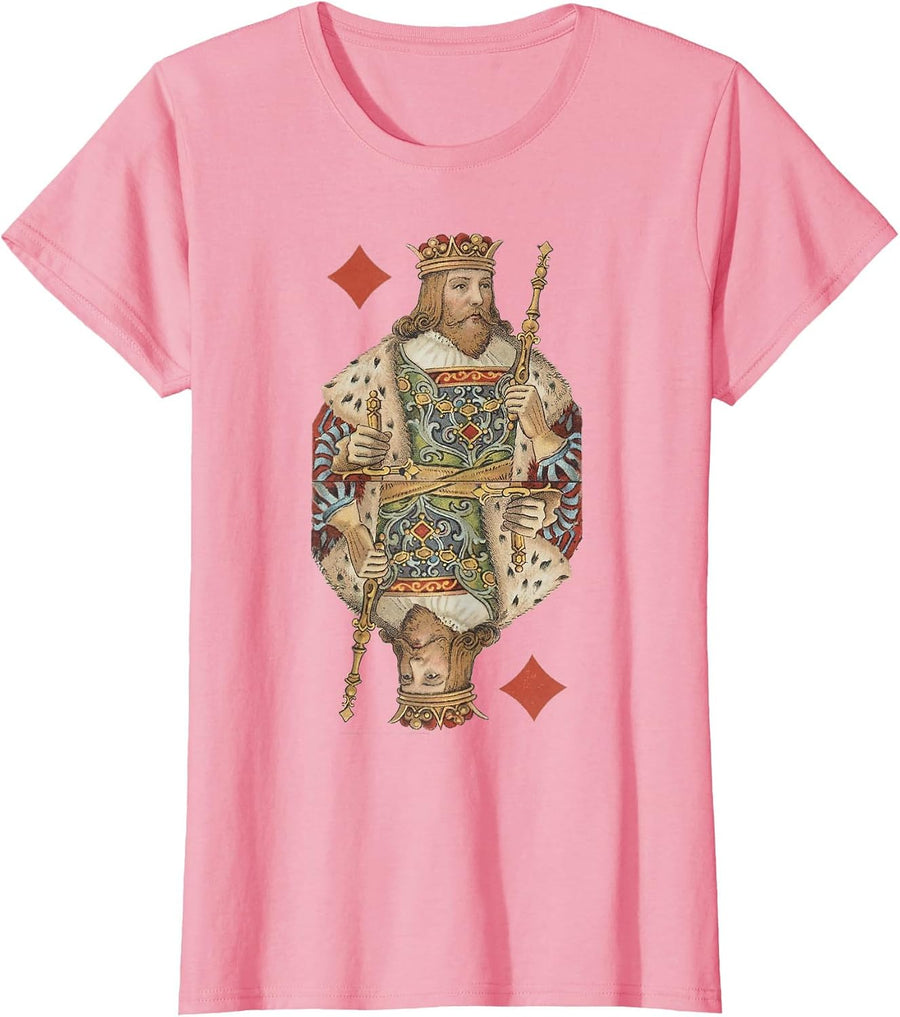 King of Diamonds Antique Art Nouveau Playing Card Art T-Shirt, Women, Pink, X-Large - As Pictured