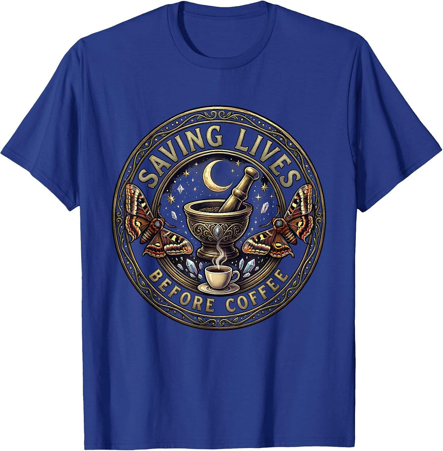 Saving Lives Before Coffee Medical Assistant Design T-Shirt - Royal Blue