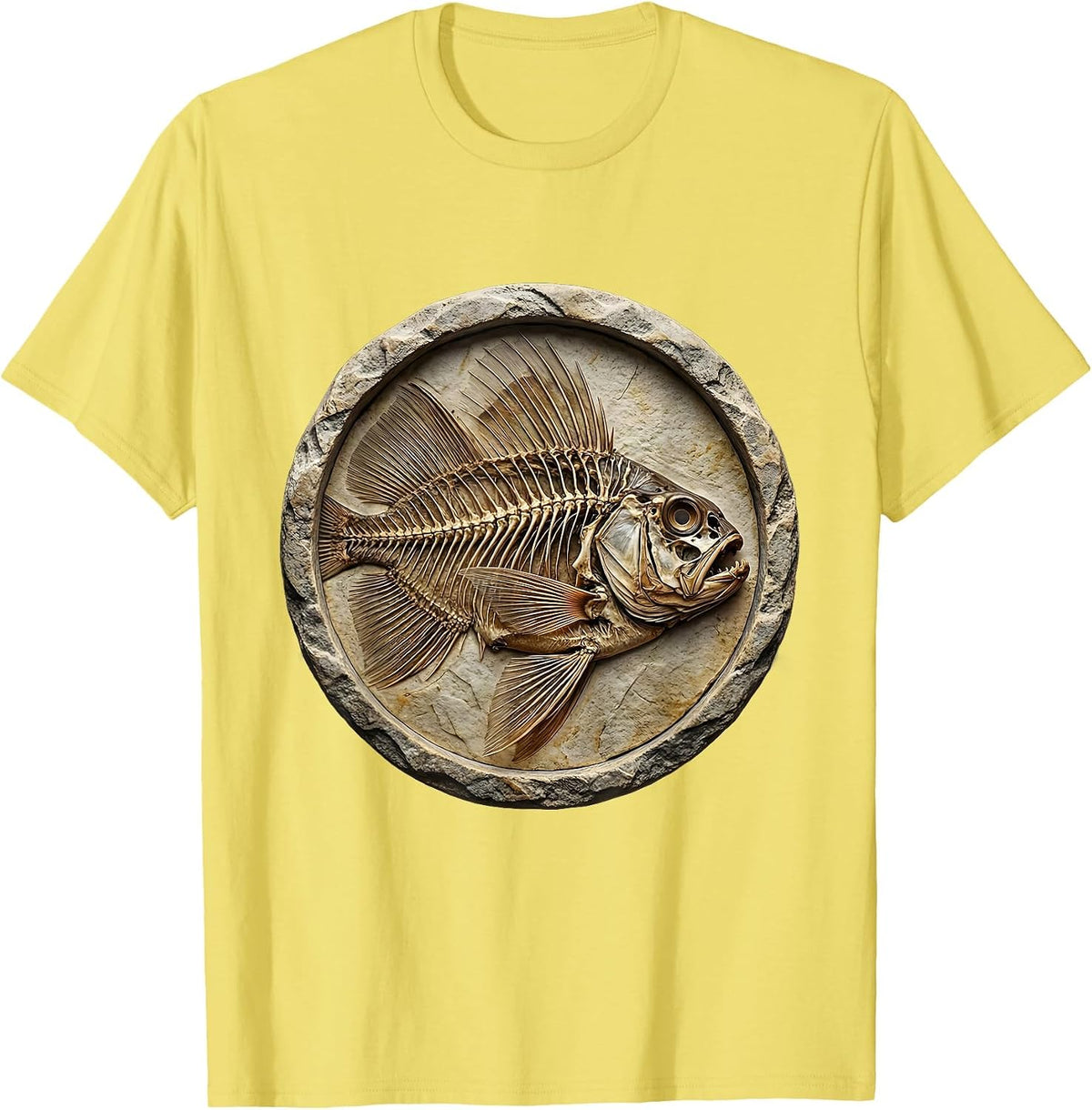 Men's Skeletal Fish Fossil Stone Slab Graphic Tee T-Shirt - Lemon Yellow