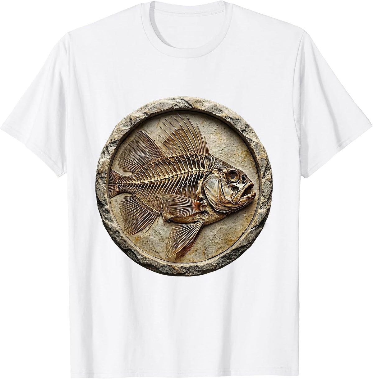 Men's Skeletal Fish Fossil Stone Slab Graphic Tee T-Shirt - White
