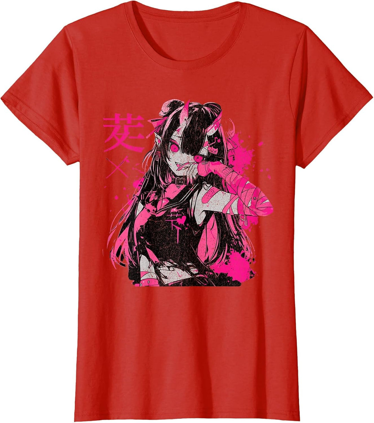 Goth Grunge Demon Anime Girl Waifu Horror Alt Aesthetic T-Shirt - Red