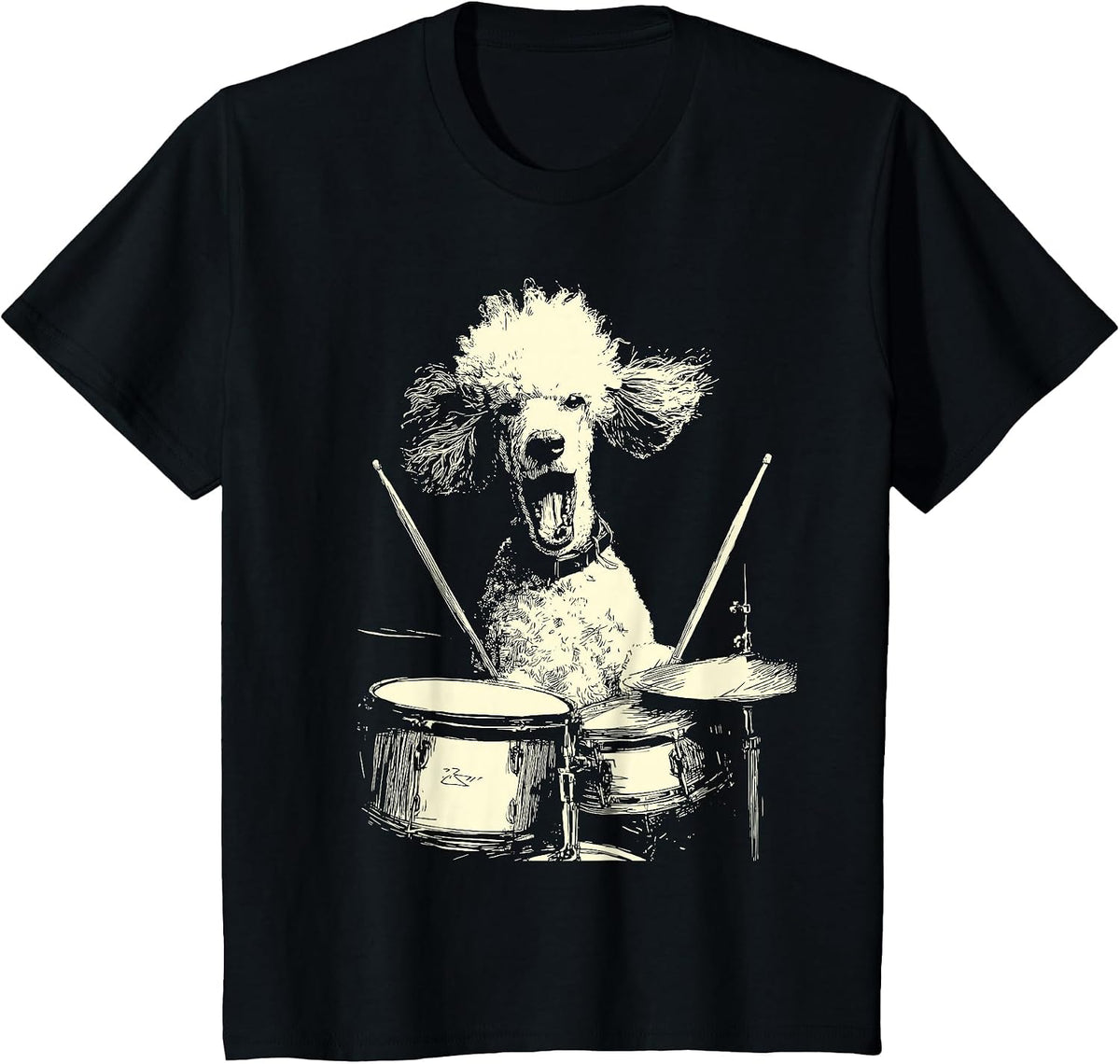 Cute Poodle Playing Drums Funny Music Dog Drummer Graphic T-Shirt - Black