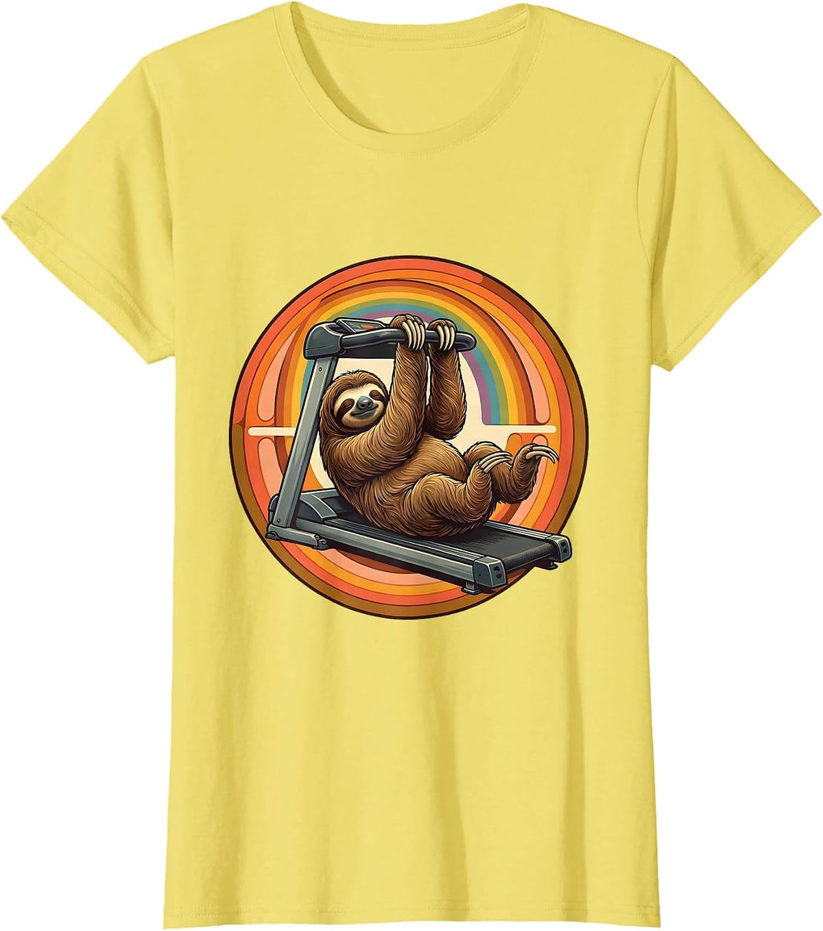 Women's Funny Sloth Hanging From Treadmill Illustration T-Shirt - Lemon Yellow