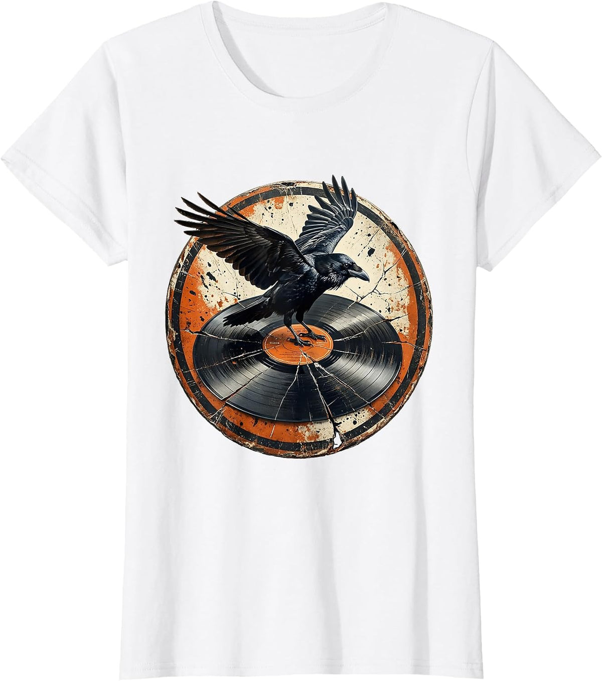 Raven on Cracked Vinyl Record Rock Art T-Shirt - White