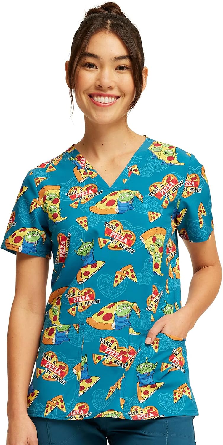 Tooniforms Nurse Gifts Women Scrubs Top V-Neck Print Modern Classic Fit - Pizza My Heart Alien