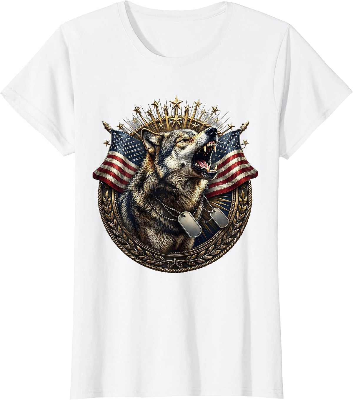 Wolf Howling Military Dog Tags Patriotic T-Shirt - White