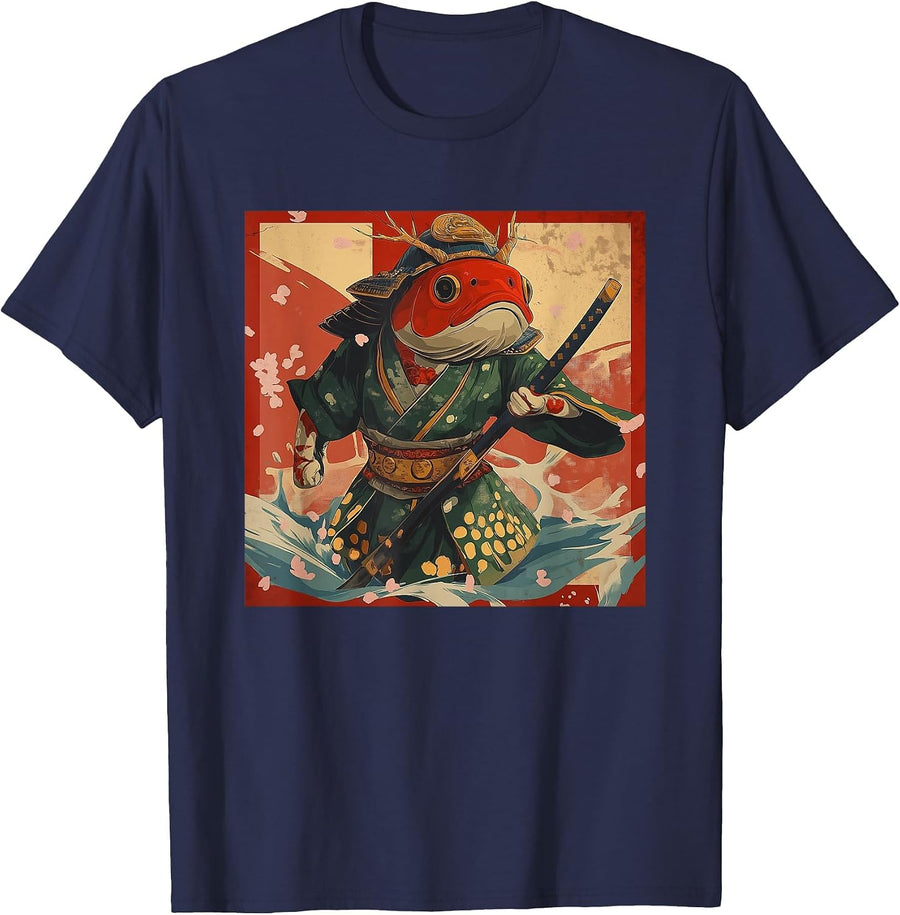 Japanese Woodblock Art: Samurai Koi Fish Japanese Kanji T-Shirt - Navy Blue