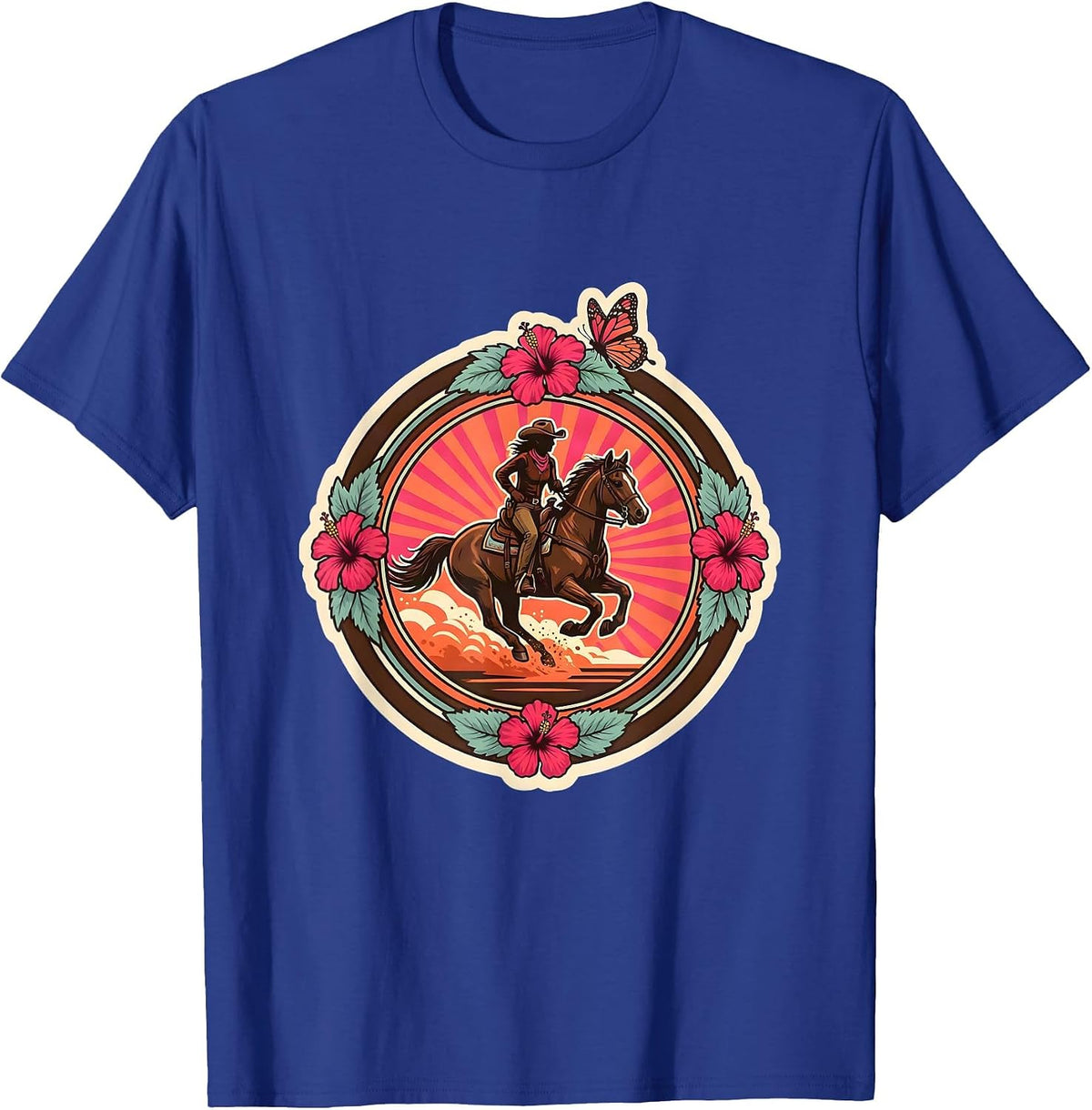 Western Cowgirl Horseback Riding Dust Trail Design T-Shirt - Royal Blue