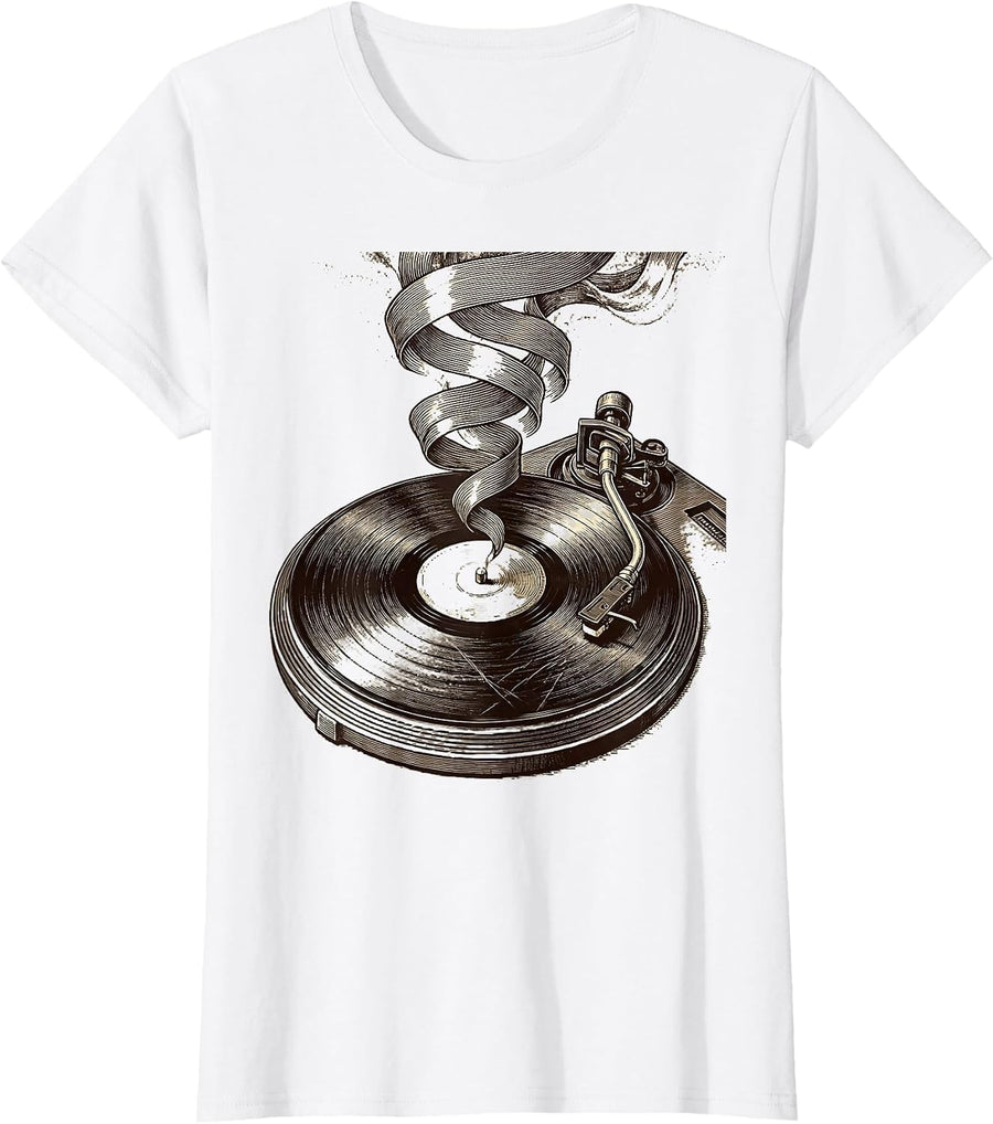 Women's Grunge Scratched Record Player Smoke Art T-Shirt - White
