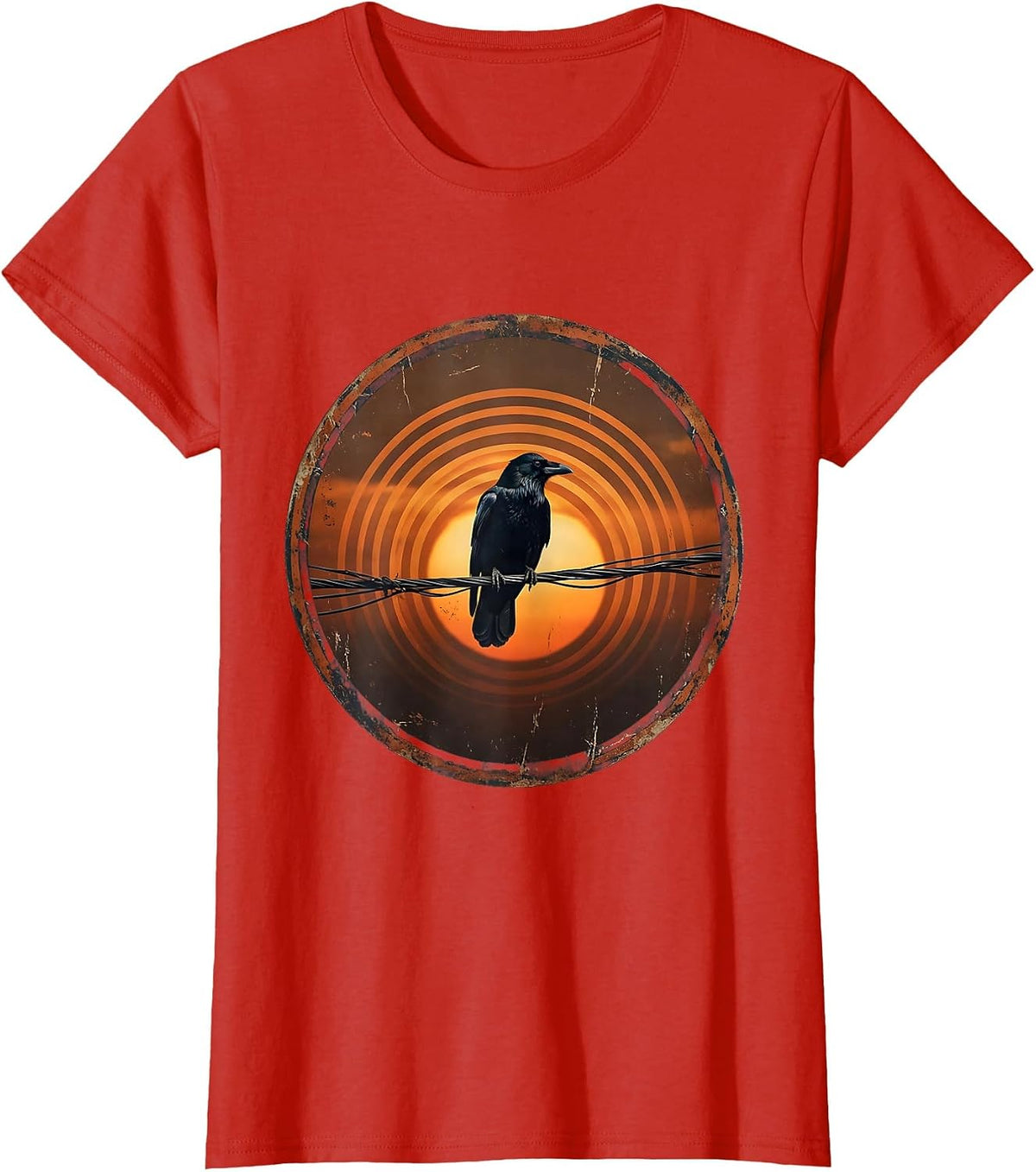 Crow Silhouette on Telephone Wire at Dusk T-Shirt - Red