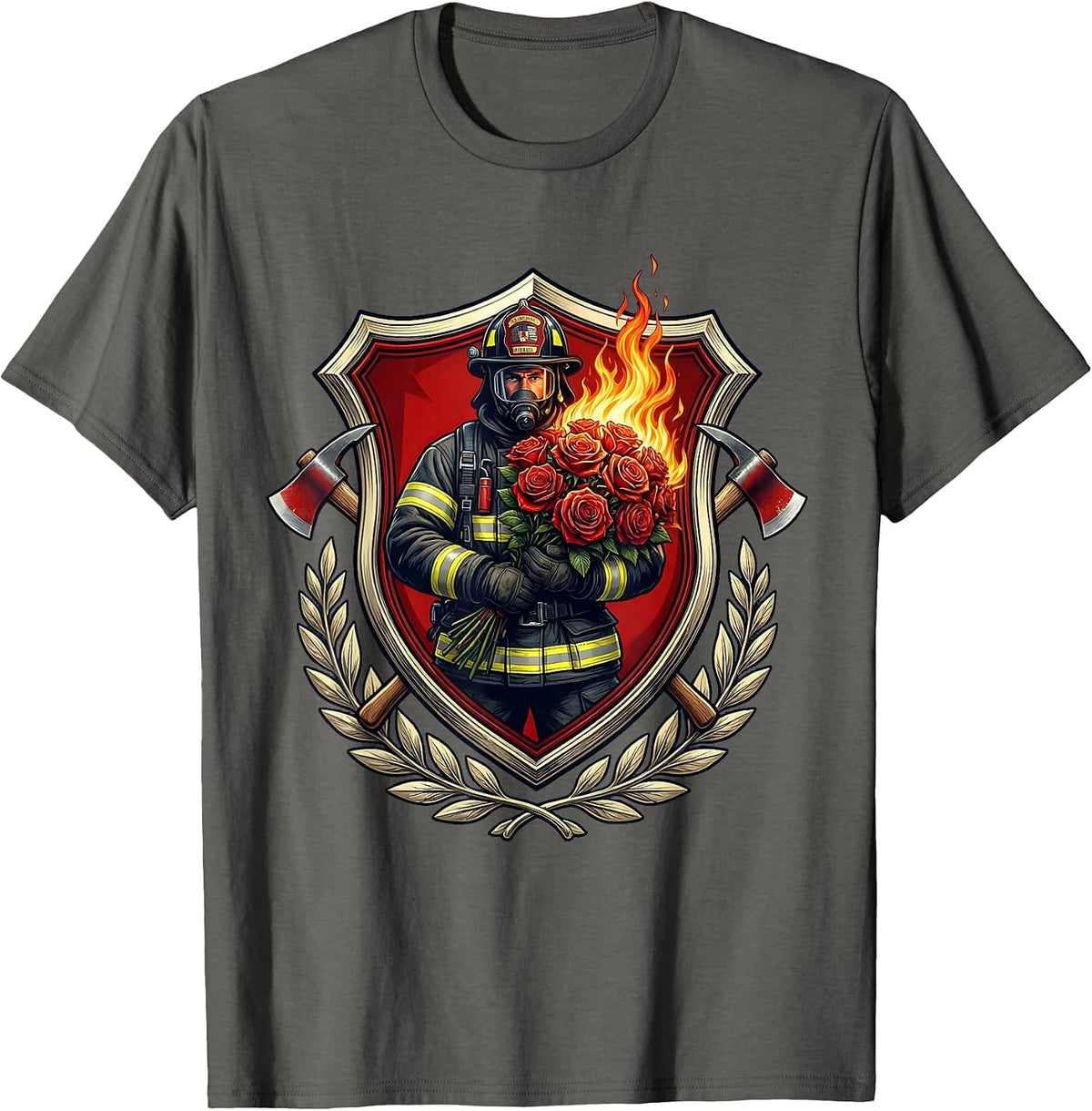 Fireman Flaming Roses Bouquet Graphic Design T-Shirt - Asphalt Grey